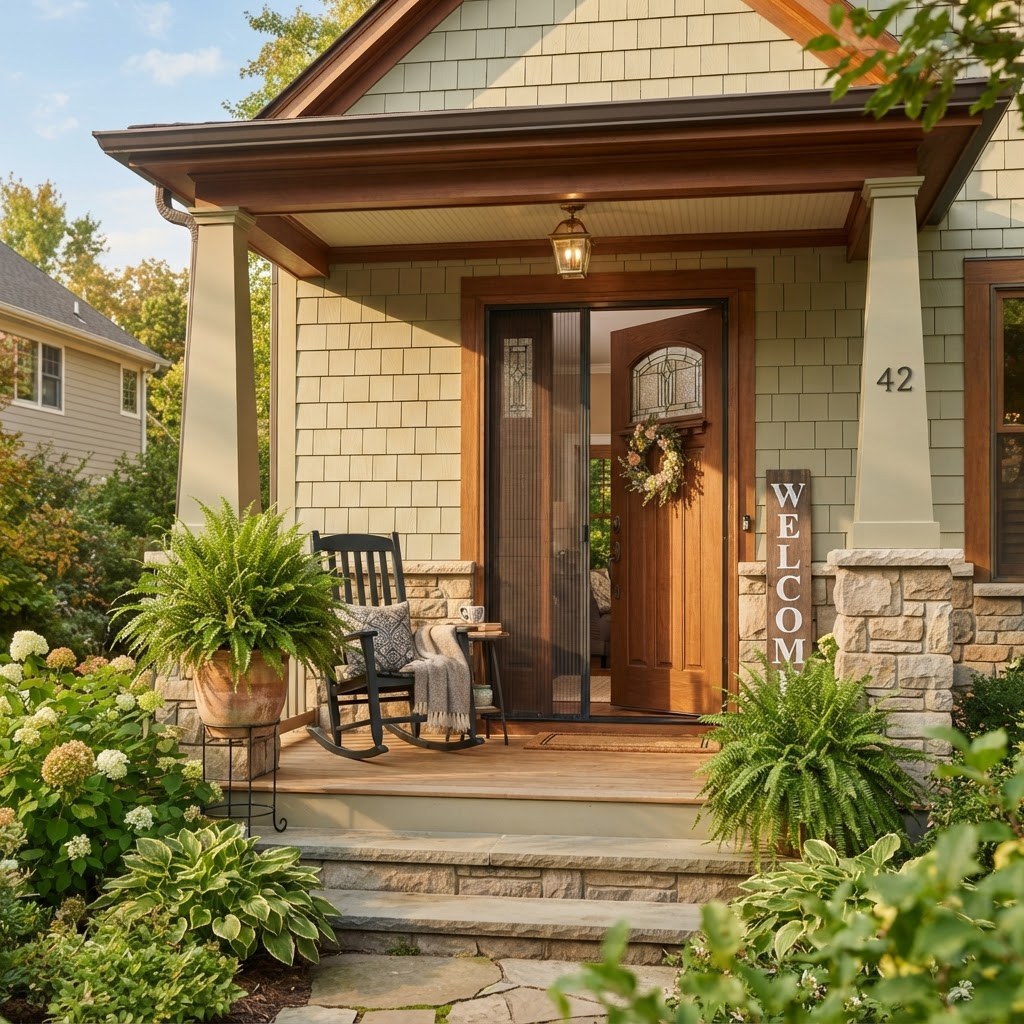 Retractable screen on the open front door of a craftsman home