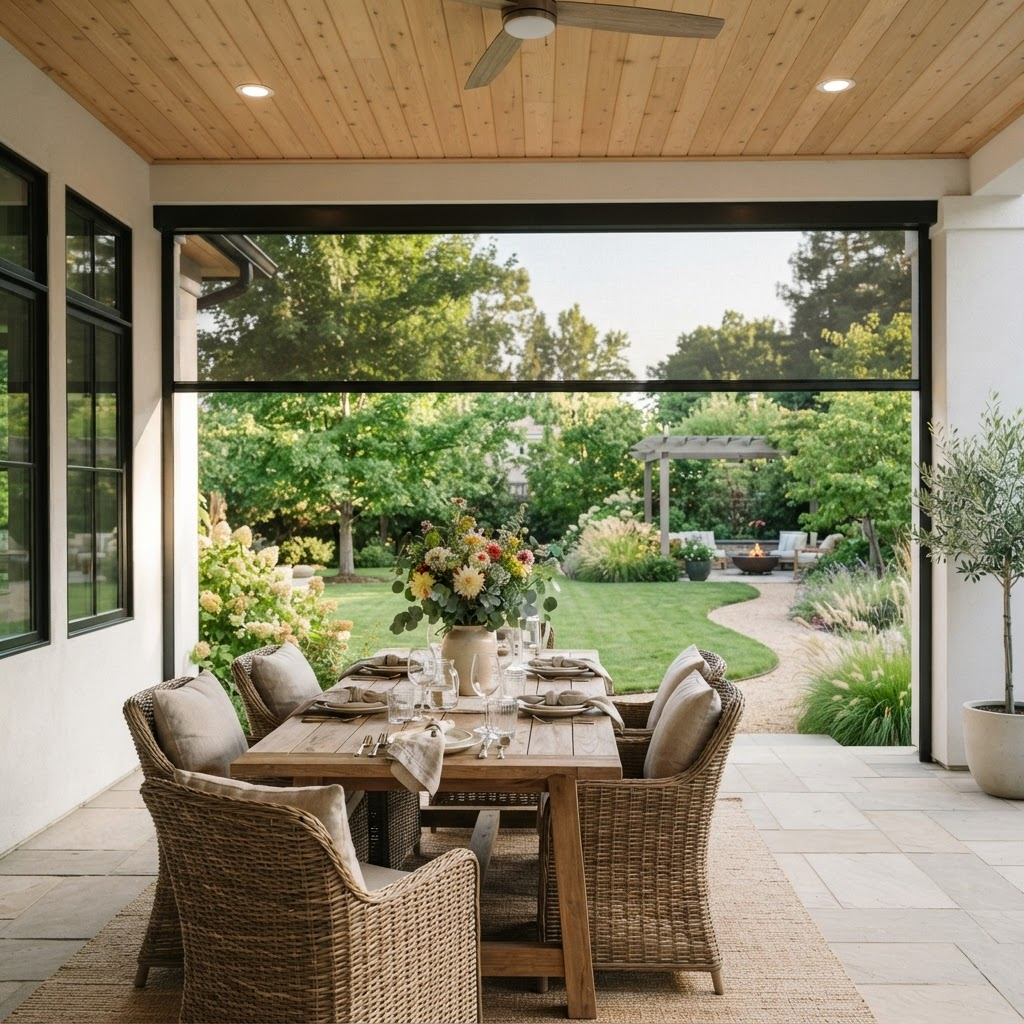 Covered patio with a retractable screen overlooking a green backyard