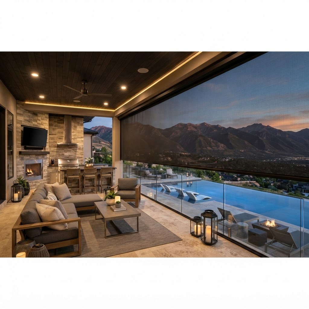 Motorized retractable screen enclosing a luxury outdoor terrace with a pool