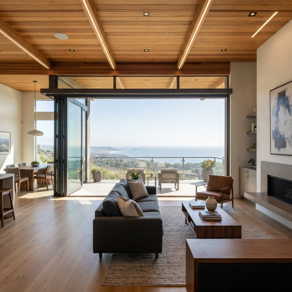 Oversized retractable screen covering a wide multi-panel folding glass door